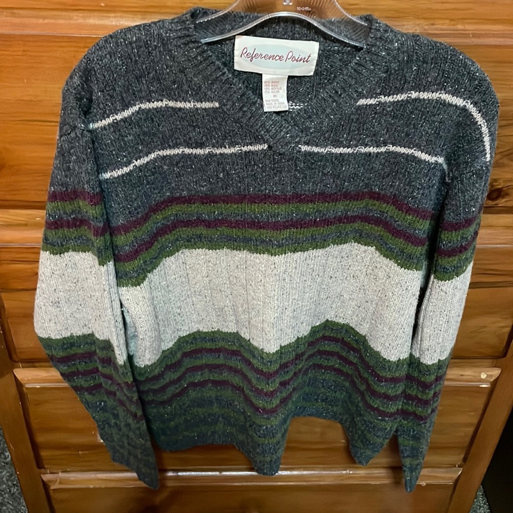 Reference Point v neck sweater, gray, green, beige stripes, size M, never worn